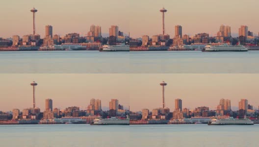 日落时的西雅图天际线、太空针塔和华盛顿州渡轮高清在线视频素材下载