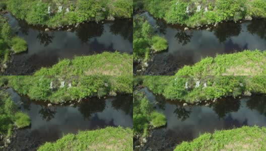夏日里，无人机沿着苏格兰一条小河飞行时的鸟瞰图高清在线视频素材下载