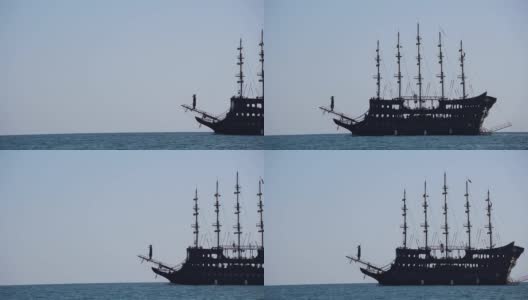 五桅复古船从右到左在海上的画面高清在线视频素材下载