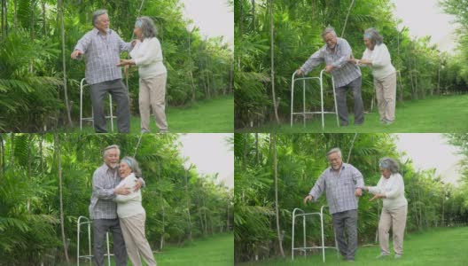 亚洲老夫妇与沃克在家里散步。一位老人和一位老妇人一起在公园里散步。成熟的丈夫和妻子共同支持花园高清在线视频素材下载