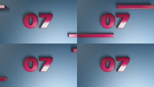 数字07在红色的蓝色背景，与水平条移动- 3D渲染视频剪辑高清在线视频素材下载