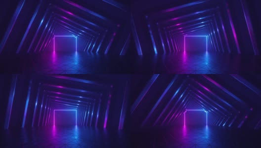 无缝三维动画抽象背景与旋转走廊房间墙壁。粉红色的蓝色霓虹灯，未来派墙纸与发光的方形框架内空旋转隧道高清在线视频素材下载