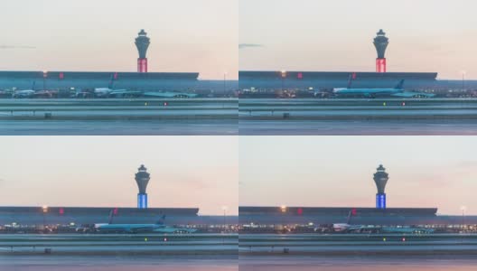 间隔拍摄。北京首都国际机场日落航站楼，飞机起飞。(汉字的意思是“北京”)高清在线视频素材下载
