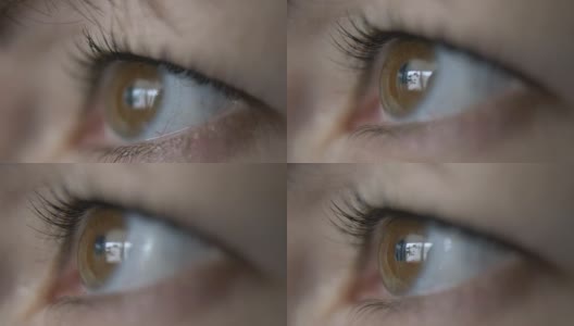 一个女人的眼角，倒影着一扇窗，棕色的眼睛，微距拍摄高清在线视频素材下载