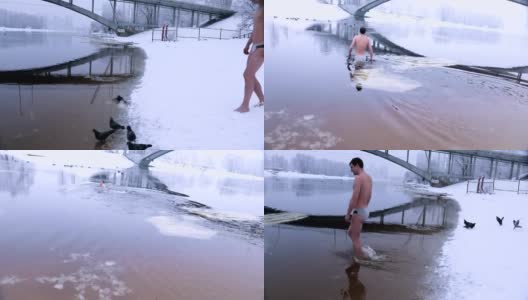 男人以在河里冬泳开始你的一天高清在线视频素材下载