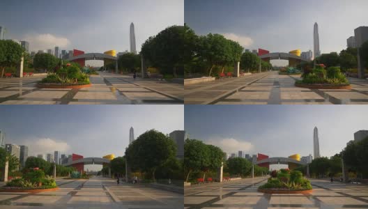 阳光明媚的深圳市容中心公园广场慢动作步行观景4k中国高清在线视频素材下载