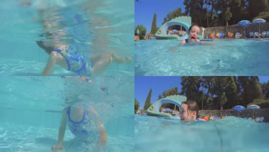孩子们在游泳池里蹦蹦跳跳的水下镜头高清在线视频素材下载