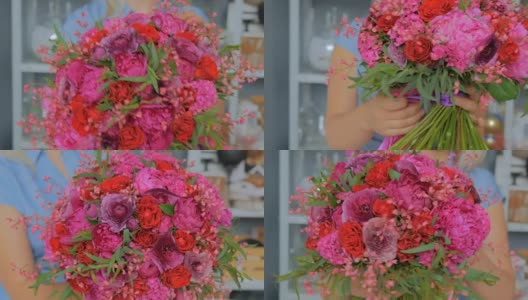 专业花艺师在工作室捧花展示高清在线视频素材下载