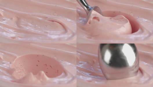 草莓冰淇淋和勺子的微距慢动作高清在线视频素材下载