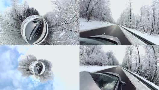 汽车正在穿越冬日森林，360度，VR360, 360VR, 360Video，小小星球效果高清在线视频素材下载