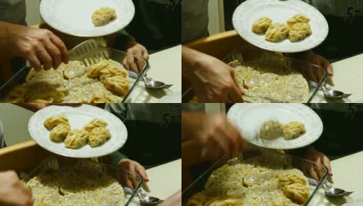 晚餐吃馄饨的人，提供吉尔吉斯-乌兹别克式的馄饨，高清在线视频素材下载