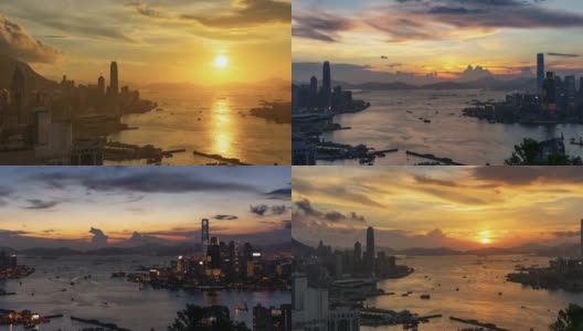 日落时维多利亚港和香港城市的时间流逝高清在线视频素材下载