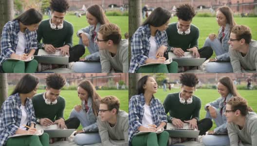 多民族群体的肖像兴奋的成年人和快乐的美国朋友闲逛在大学空间使用笔记本电脑高清在线视频素材下载