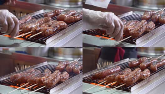 烤香肠是台湾台北市著名的街头烧烤美食。高清在线视频素材下载
