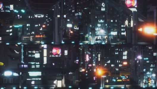 机器人驾驶的飞行汽车在未来城市的夜间街道上飞驰。动画小说，网络和科幻背景。未来城市的景象。高清在线视频素材下载