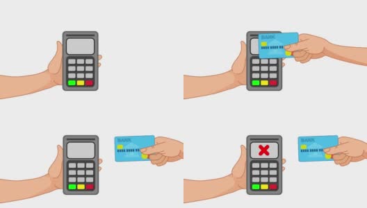 客户使用Pos终端机和信用卡。手将信用卡推向银行读卡器。信用卡支付和交易审批流程。卡通高清在线视频素材下载
