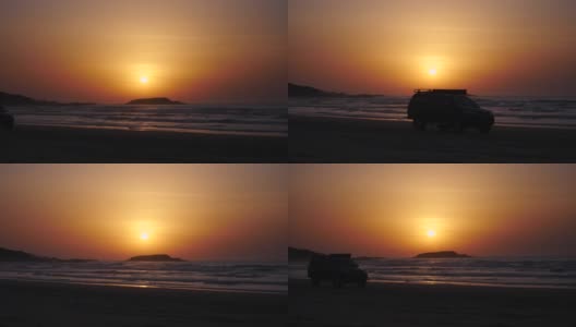 日出4x4在海滩上驾驶慢动作高清在线视频素材下载