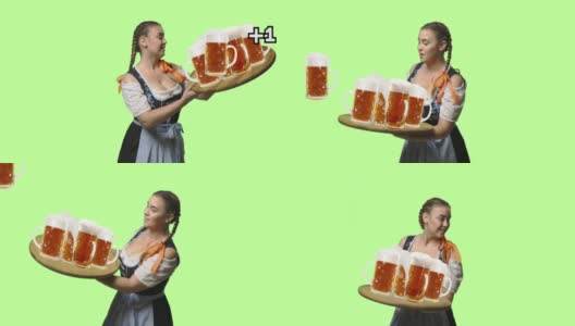 年轻性感的女人穿着巴伐利亚紧腰紧身衣和许多啤酒杯在彩色的传统背景。漂亮女孩在托盘上捡杯子。庆祝，啤酒节，节日，派对的概念。高清在线视频素材下载