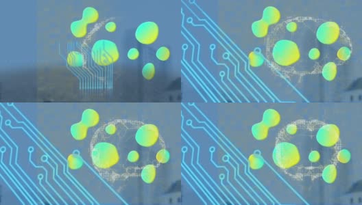 动画的电脑电路板，斑点和大脑旋转的蓝色背景高清在线视频素材下载