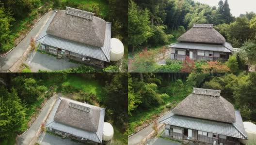 鸟瞰图的传统老式日本房子与稻草屋顶在农村高清在线视频素材下载