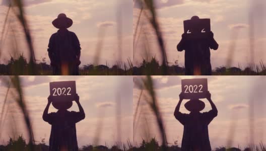 日落时分，一位年长的农民站在稻田里，举着2022年新年的标志。高清在线视频素材下载