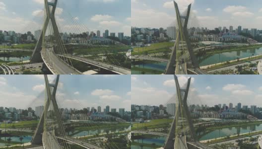 鸟瞰Octávio Frias de Oliveira大桥，斜拉桥是巴西圣保罗São的地标高清在线视频素材下载