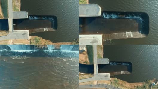 鸟瞰图水花溢流在老河湖大坝。高清在线视频素材下载