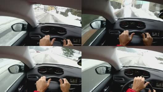 第一人称视角在冬天的道路上驾驶高清在线视频素材下载