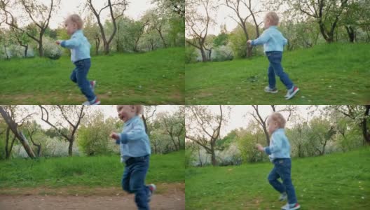 快乐的小男孩在布鲁姆公园里奔跑高清在线视频素材下载