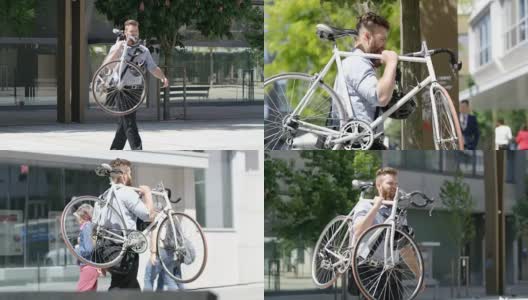 在城市里背着自行车的嬉皮士高清在线视频素材下载