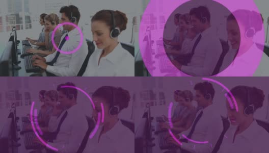 抽象的紫色形状与在办公室工作的客户服务主管团队高清在线视频素材下载