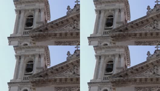 阿根廷圣达菲省罗萨里奥大教堂的钟楼和浮雕。高清在线视频素材下载