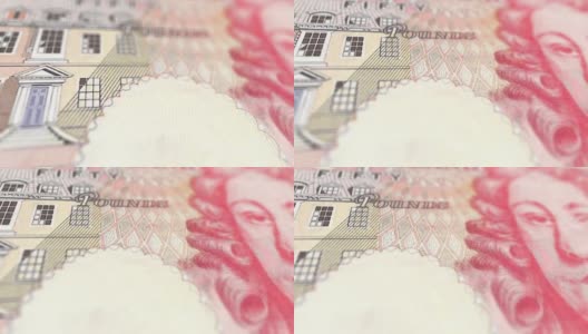 极端近距离英国英镑纸币纸币跟踪镜头和高度详细的纹理动画素材视频，包括£5 -£10 -£20 -£50的英国斯特林动画离焦微距镜头高清在线视频素材下载