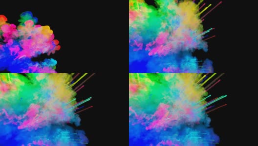 爆炸的火药孤立在黑色背景。3d动画的粒子作为彩色的背景或覆盖效果。迸发出彩虹般的色彩，粉饼呈现出明亮如胡里节。31高清在线视频素材下载