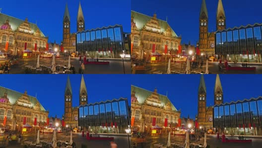 市场广场、市政厅和德国不来梅大教堂的夜景。时间流逝高清在线视频素材下载