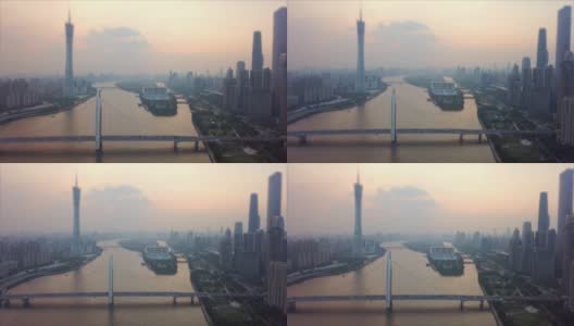 日落天空广州市广州塔猎德桥河岛航拍全景倾斜4k中国高清在线视频素材下载