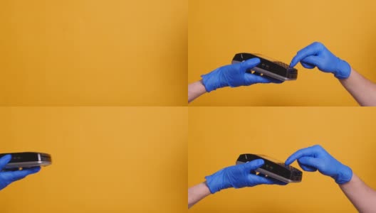 买的时候戴着蓝色手套的手拨一个pin码高清在线视频素材下载