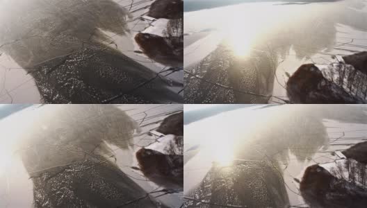 波维兹基湖面结冰。无人机拍摄波兰的冬天高清在线视频素材下载