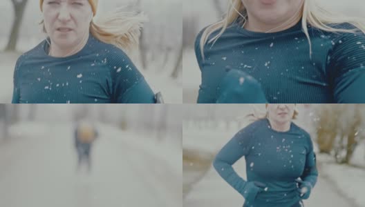 SLO MO Woman在雪地里慢跑穿过森林时停下来喘口气高清在线视频素材下载
