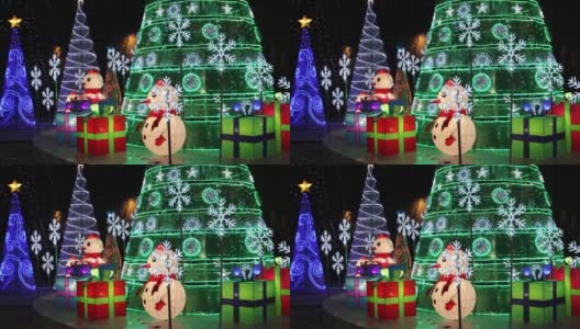 户外展示雪人的节日圣诞彩灯高清在线视频素材下载