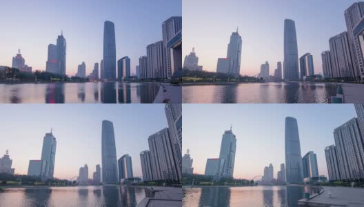 日出时分，天津河边的天际线和现代建筑瞬间消失。高清在线视频素材下载