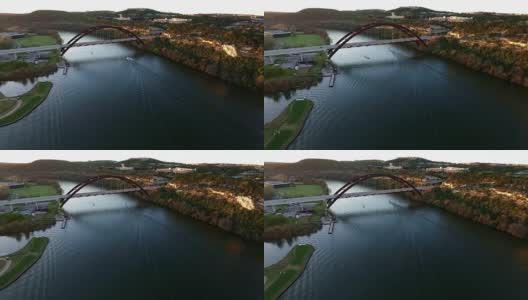 pennbacker桥奥斯汀在日落科罗拉多河鸟瞰图德克萨斯州高清在线视频素材下载