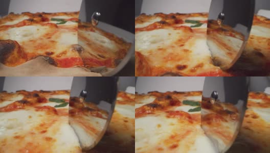 极度宏观的披萨被切。意大利健康天然食品和自制披萨面团的概念。高清在线视频素材下载