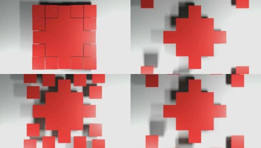 红色方块分散成许多小方块，从中心向外扩散——3D渲染图高清在线视频素材下载