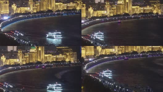 上海外滩船只的夜间时间流逝。高清在线视频素材下载