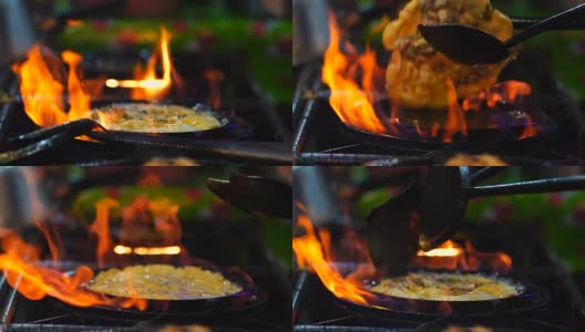 慢镜头的特写烹饪炸虾铲子炒锅上锅，泰国传统食物，亚洲食物，FHD剪辑高清在线视频素材下载