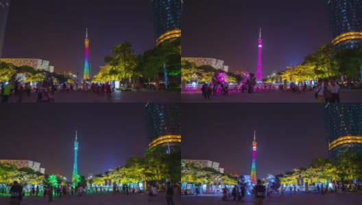 夜晚灯火通明的广州市图书馆塔公园步行全景4k时间流逝中国高清在线视频素材下载