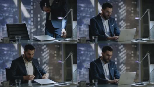 一名商人解开夹克，坐在办公桌前，开始在笔记本电脑上打字。他的办公室可以俯瞰整个大城市。高清在线视频素材下载