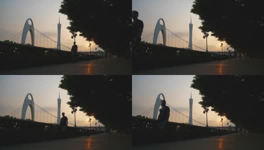 日落时分广州市著名大桥广州塔湾慢镜头全景4k高清在线视频素材下载