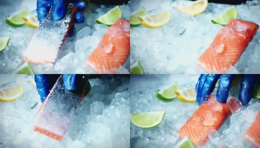 4k冰上鱼和海鲜，红鲑鱼多莉高清在线视频素材下载